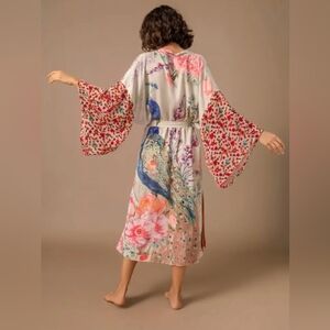 Floral Peacock Satin Robe with Bell Sleeves - White/Pink